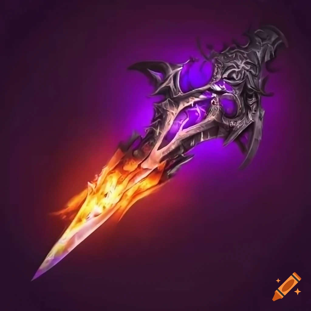 Demonic magical weapon with shadow and flame in a fiery and mystical setting