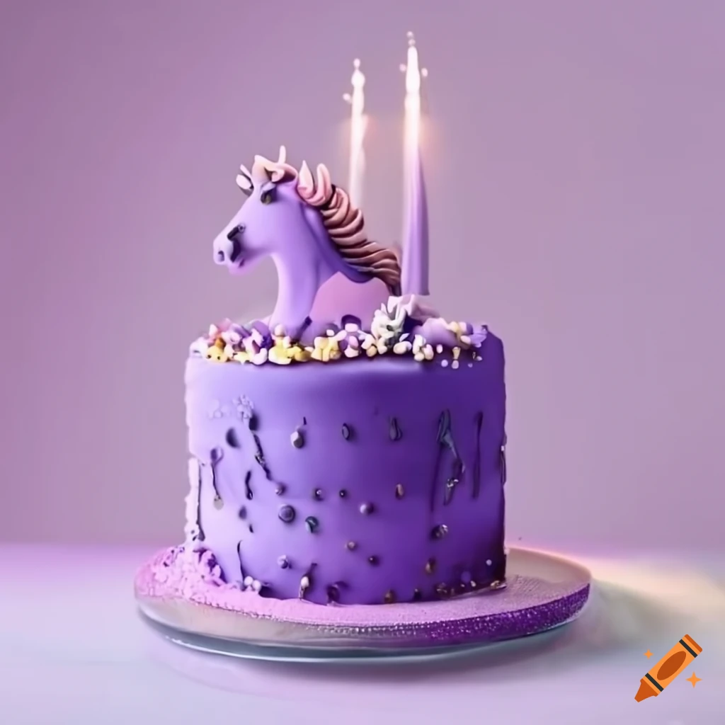 Purple horse-decorated cake for a three-year-old's birthday party