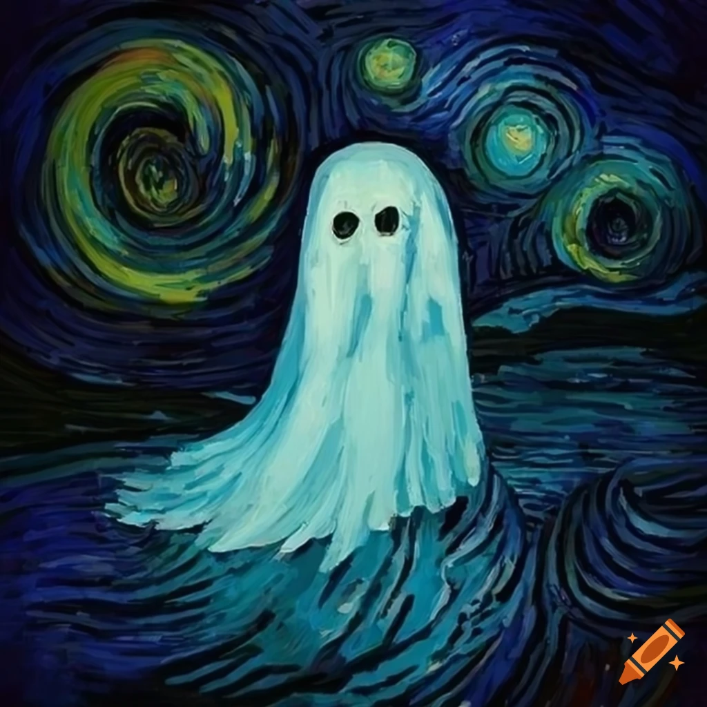Friendly ghost in a starry landscape inspired by Van Gogh's style