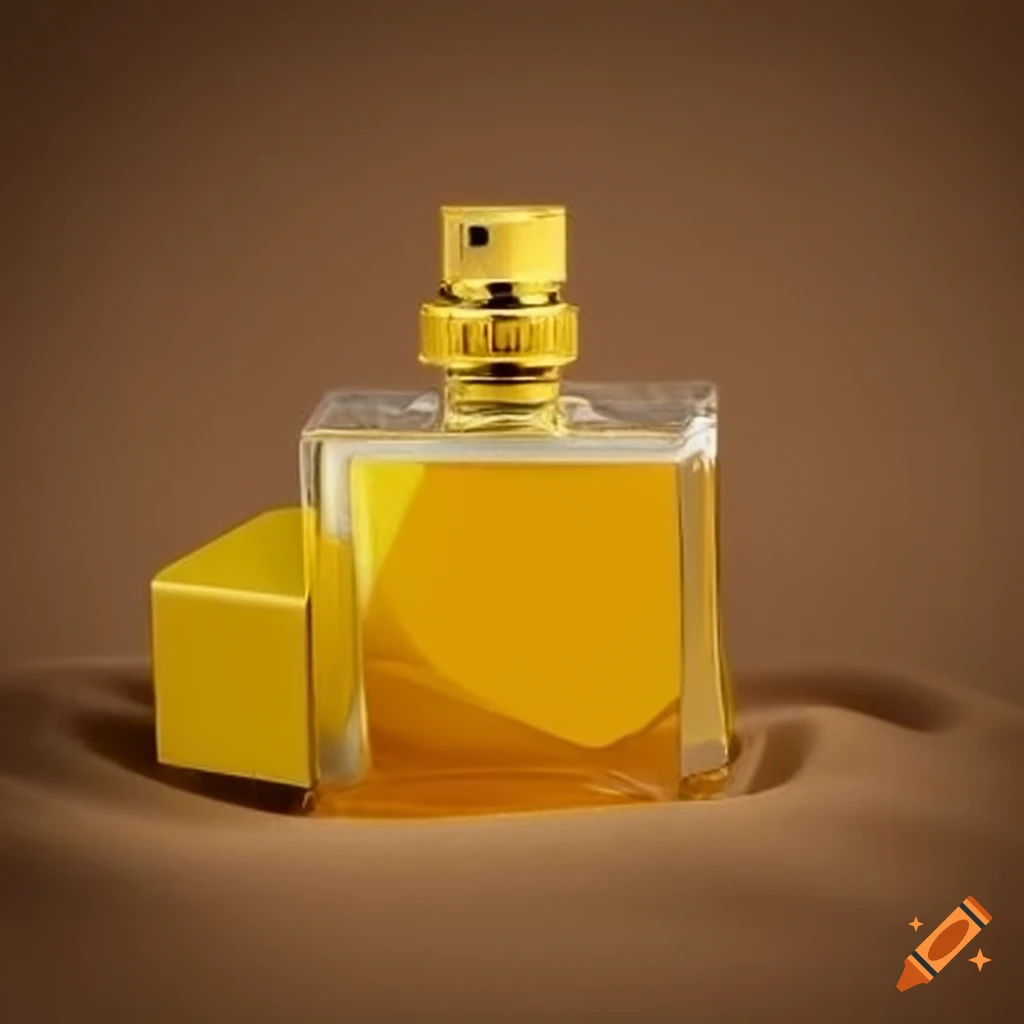 Yellow perfume bottle with black cap on sand
