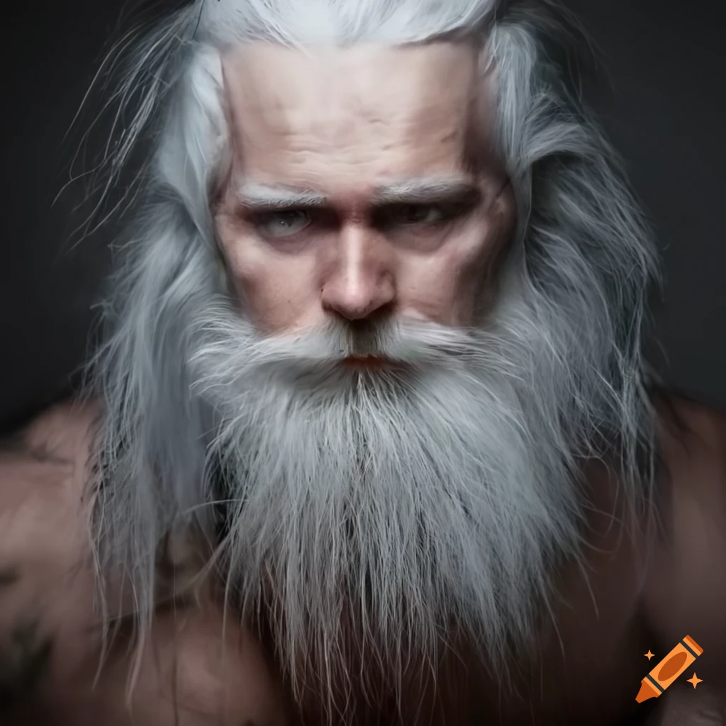 Imposing muscular person with long white beard and hair in a portrait