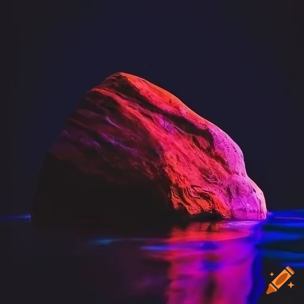 Neon minimalist rock reflecting in water in a dark room