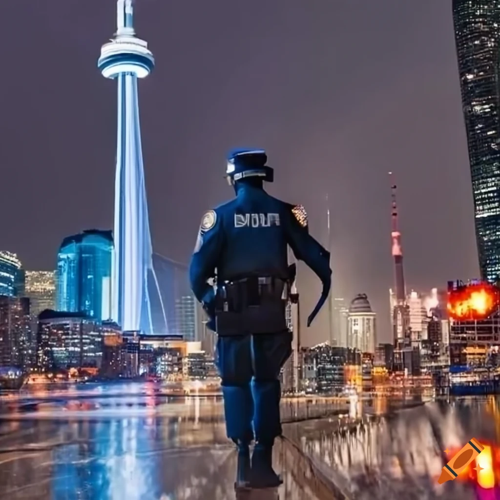Toronto police officer in rain with CN Tower in background