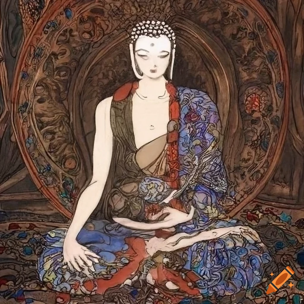 Buddha meditating in intricate ink and watercolor art by Yoshitaka Amano