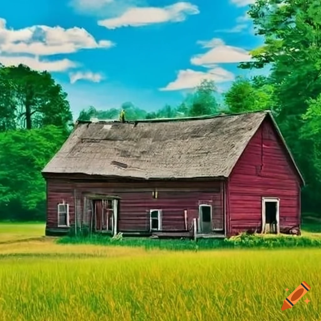 Old wooden farmhouses with hens and chickens in the yards