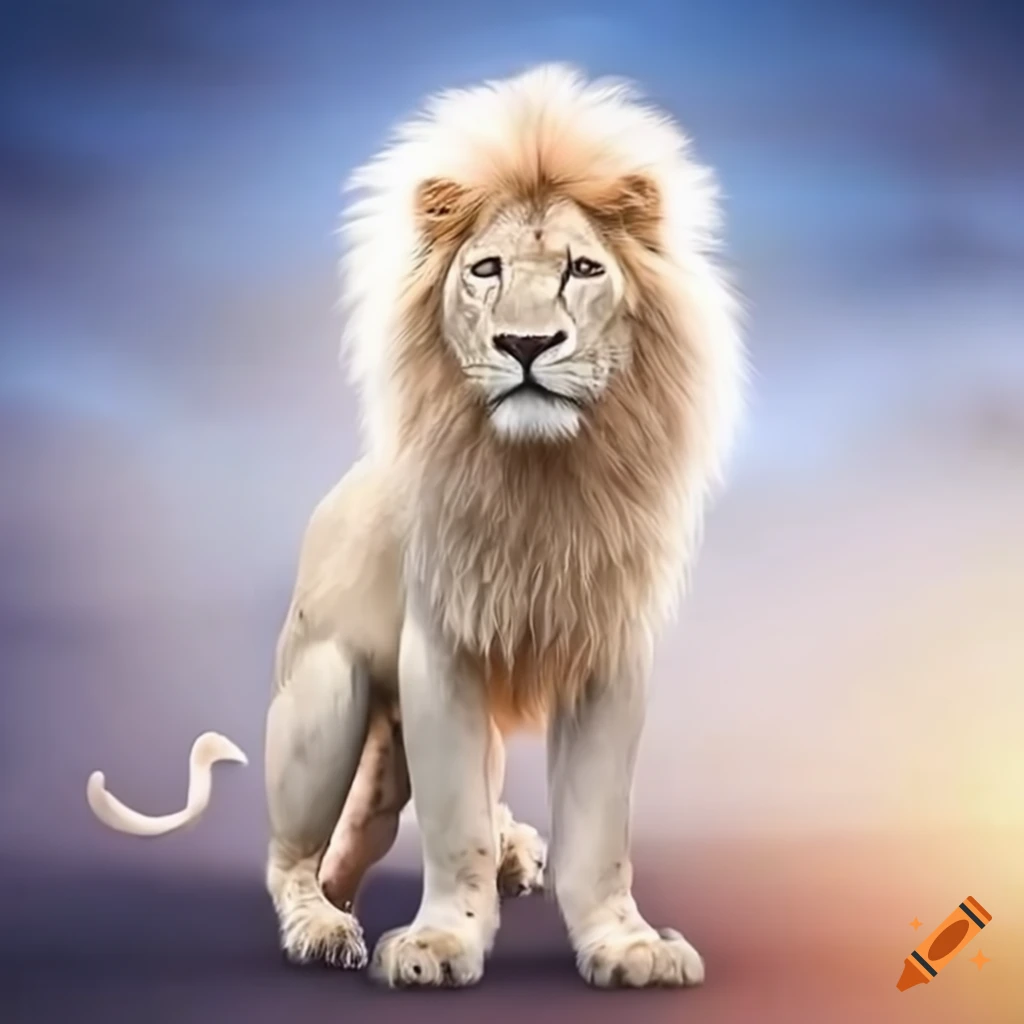 Majestic pure white lion with outstretched wings in a mystical setting
