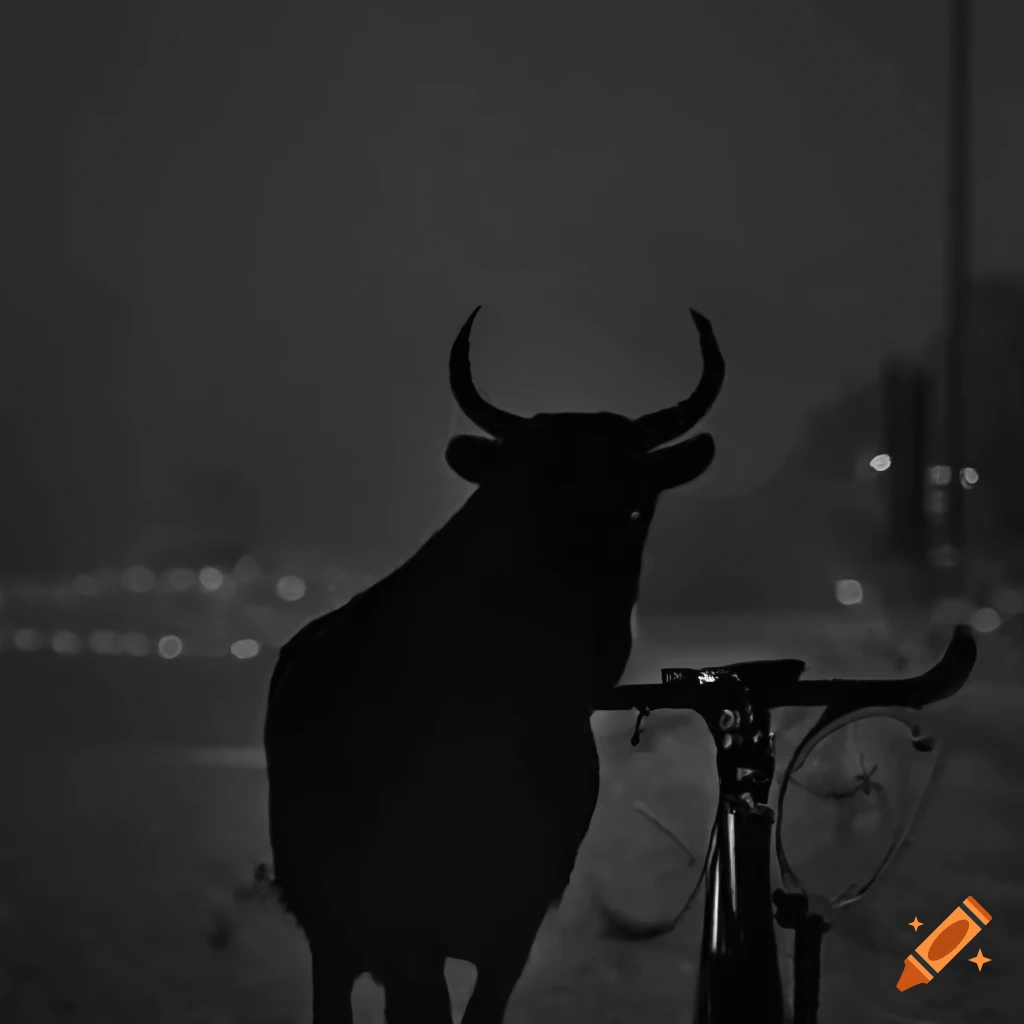 Silhouette of cow on asphalt in headlight beam from bicycle