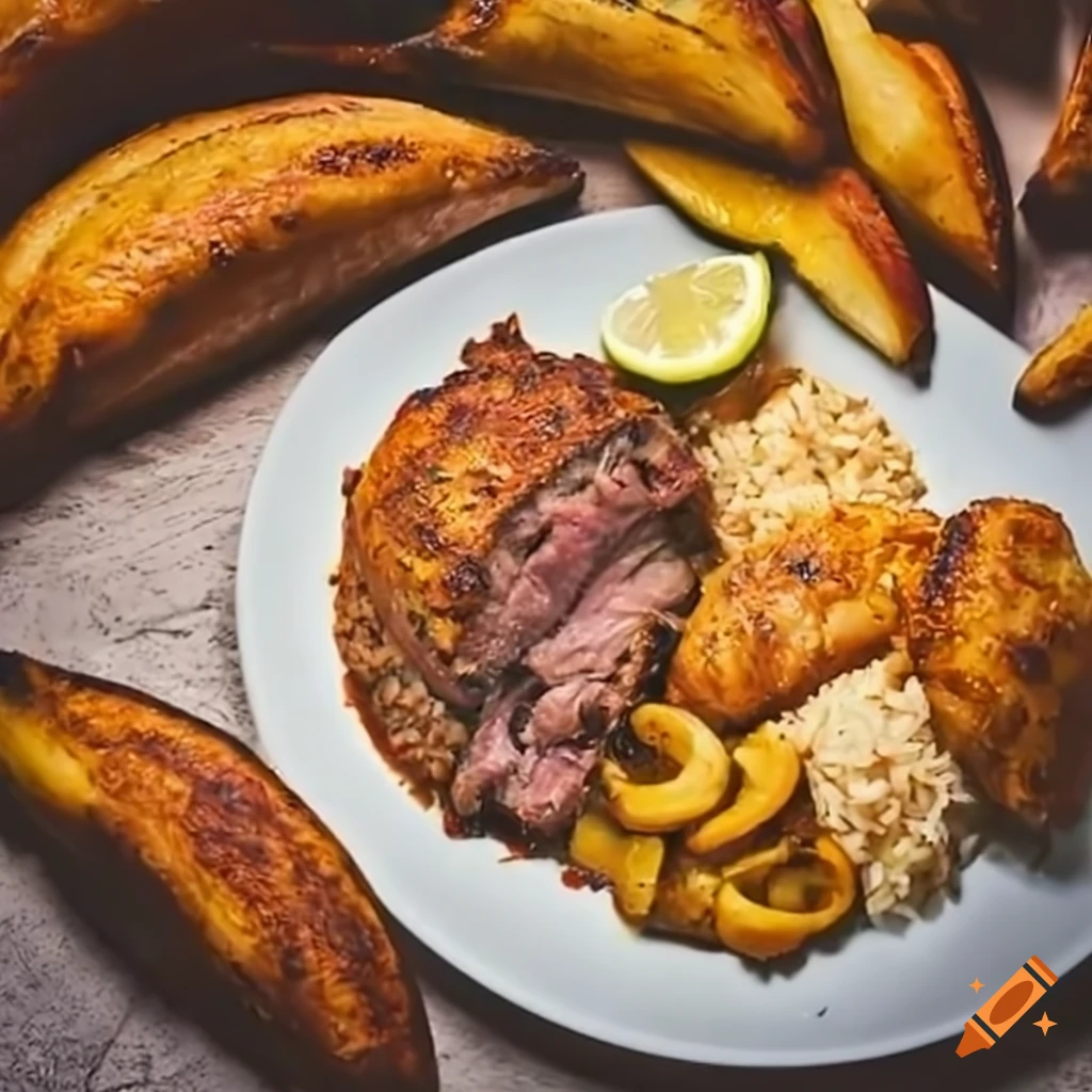 Dominican feast with roasted pork, rice, plantains, and empanadas