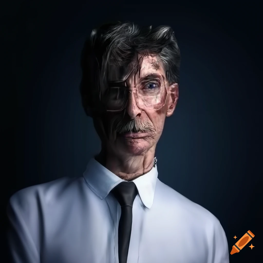 PhotoRealistic image of a handsome elderly male cyborg with large ears in a transparent dress shirt