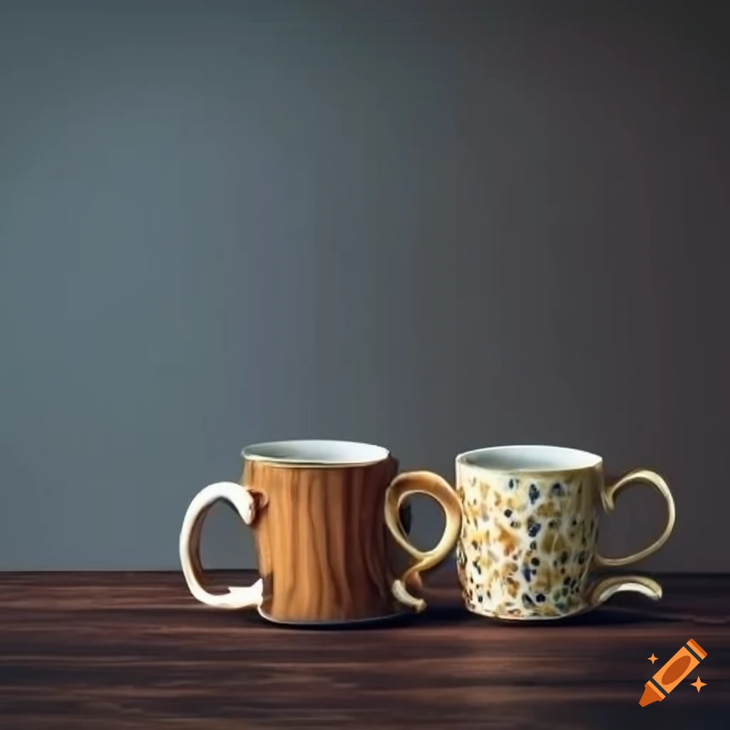 Fancy mugs on a dark wooden table with a grey background