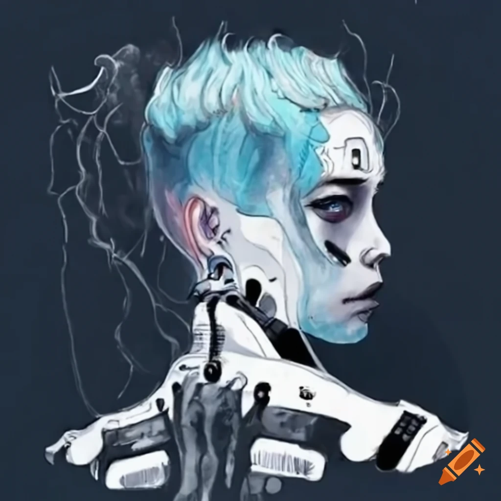Young male cyborg in cutting-edge bodysuit with light cyan hair