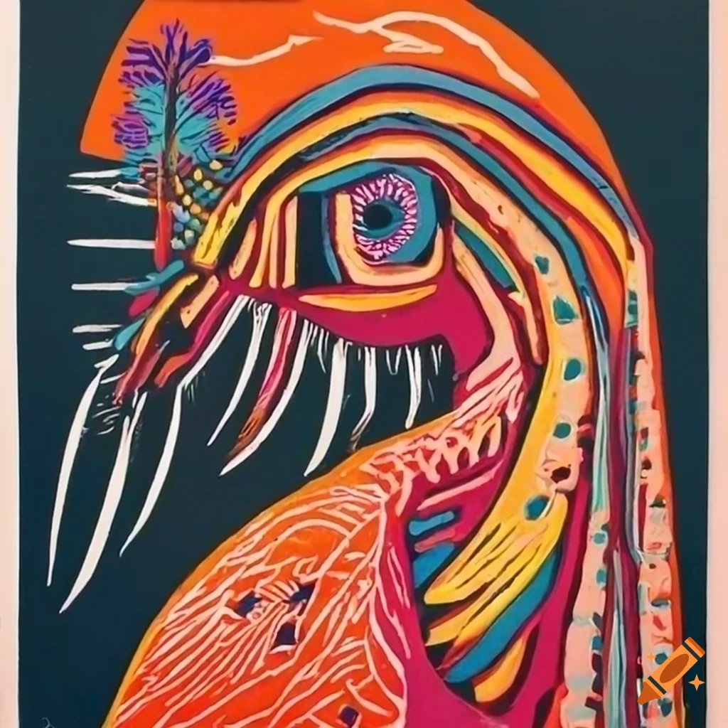 Vibrant lino cut print of 20th-century Mexico