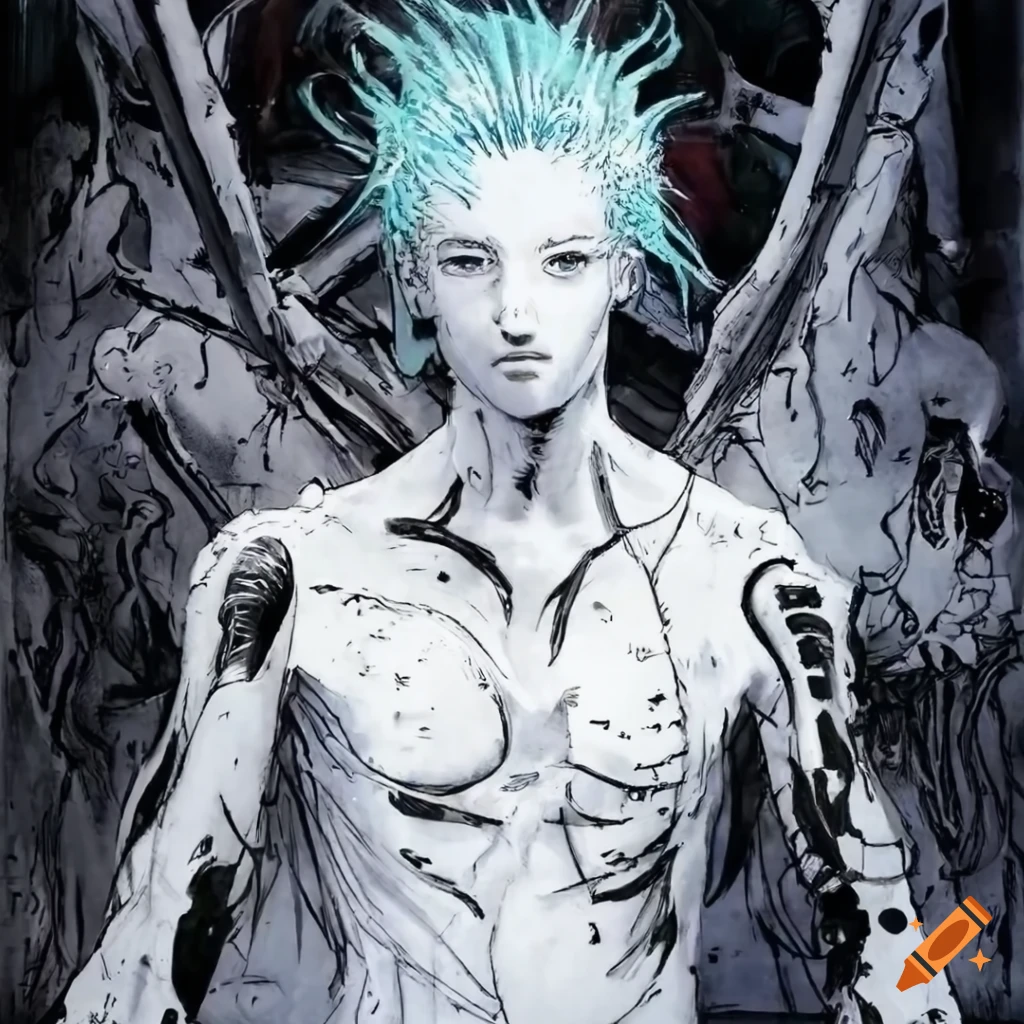 White black ink depiction of a young male cyborg in a cutting-edge bodysuit with light cyan hair