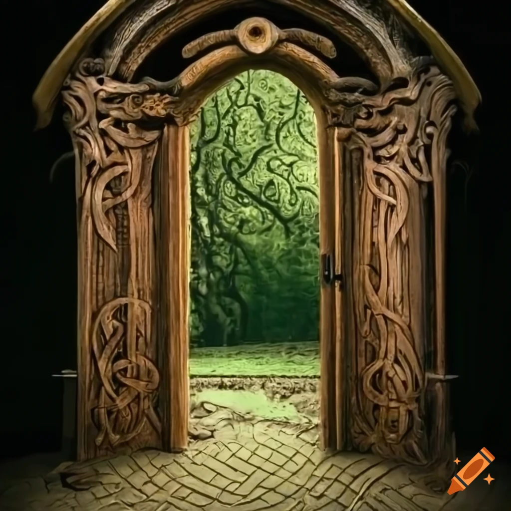 Celtic tree carved baroque wooden moss-covered doors opened