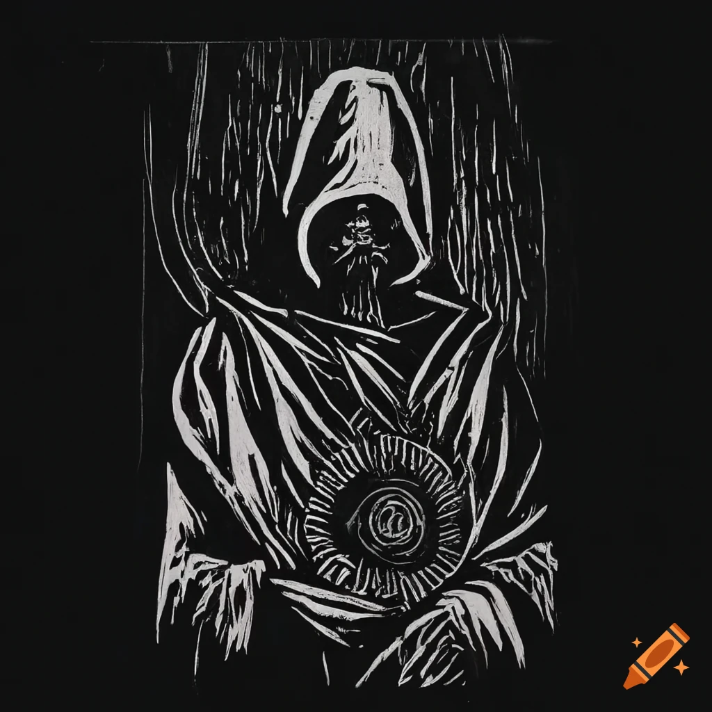 Eerie linocut etching of a hooded warlock casting spell