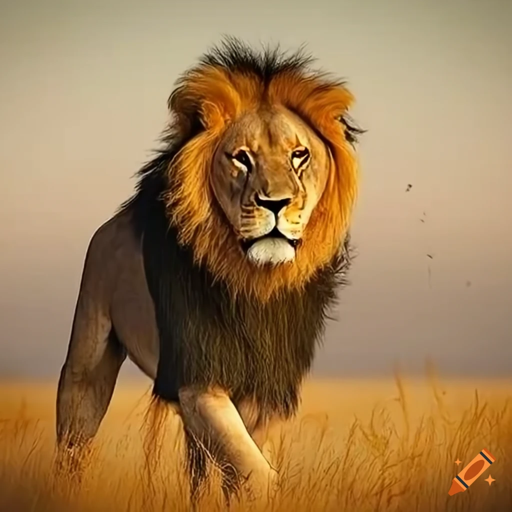 Powerful lion named Leo in the vast savannah with golden grass