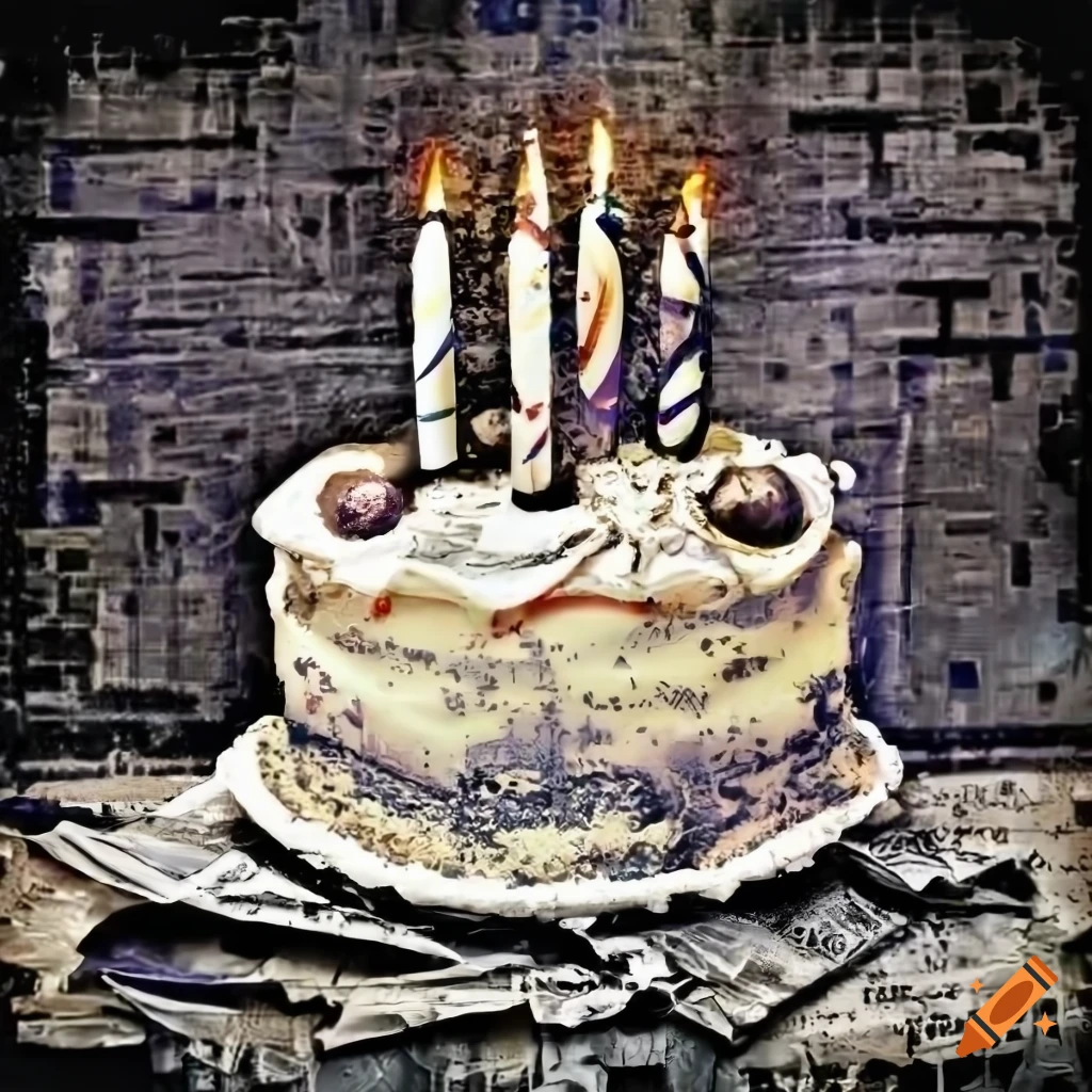 Birthday cake spraypainted in black on scrap newspaper album art