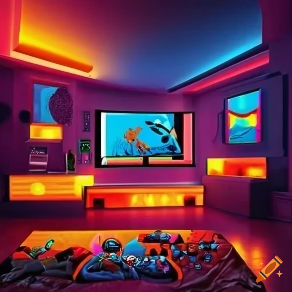 Neon room with big bed, huge TV, orange covers, PC, and video game setup