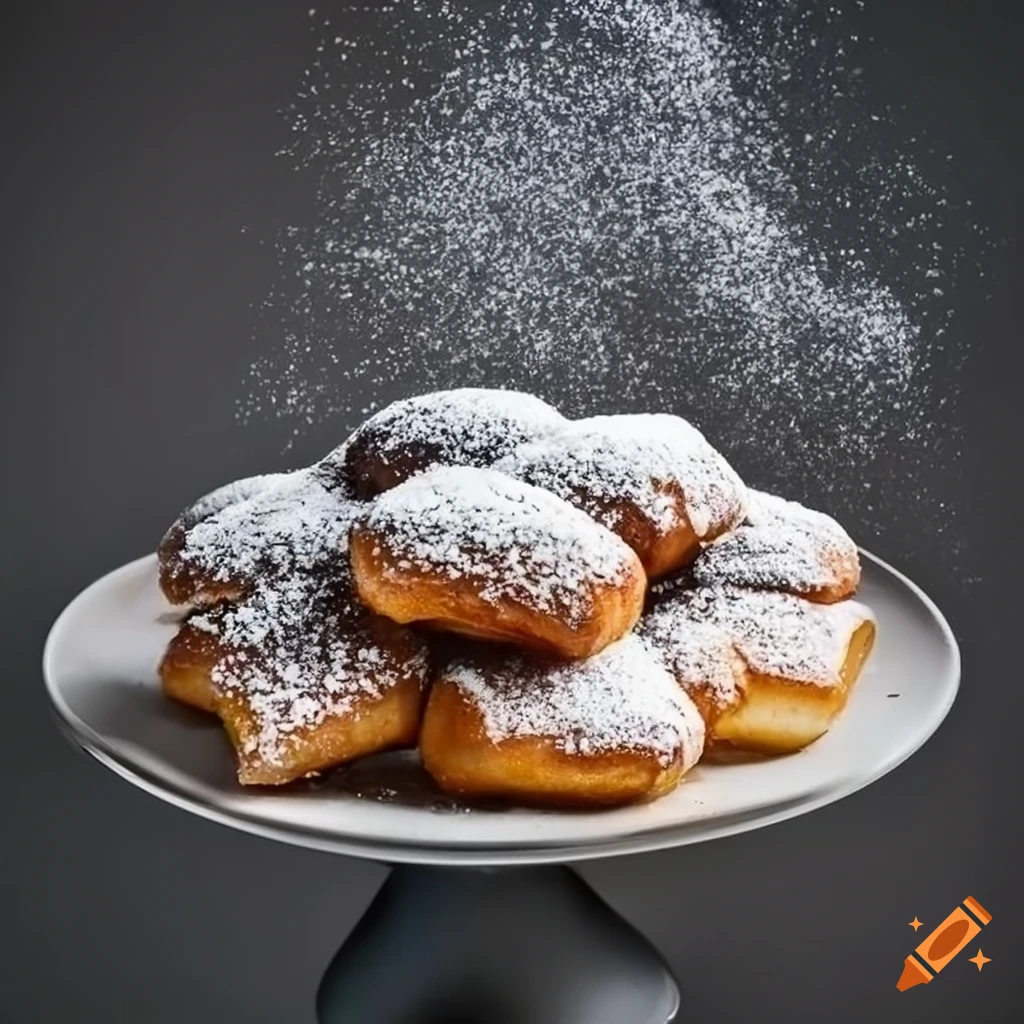 Plate of fresh beignets dusted with powdered sugar