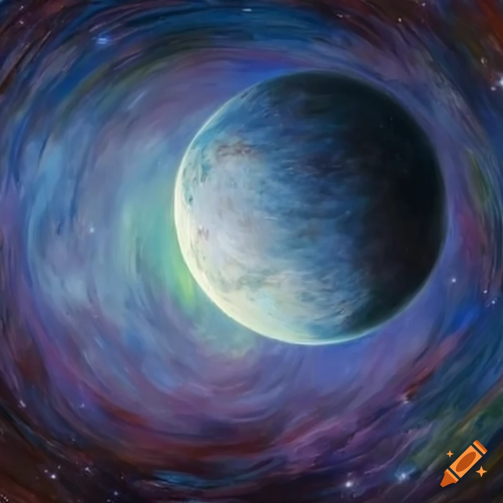 Monet's painting of a white planet against a cosmic backdrop