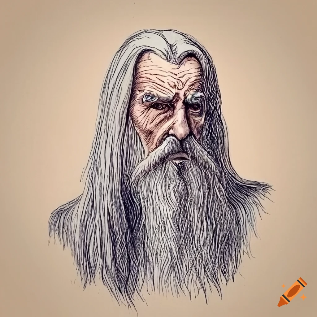 Vintage pen drawing of an old male wizard with a long white beard