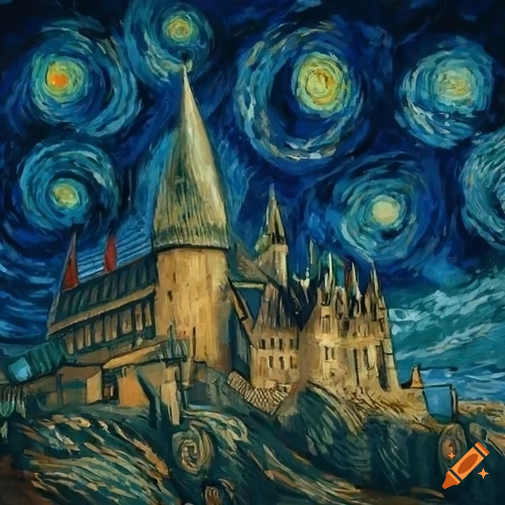 Hogwarts hall in Van Gogh style as wallpaper