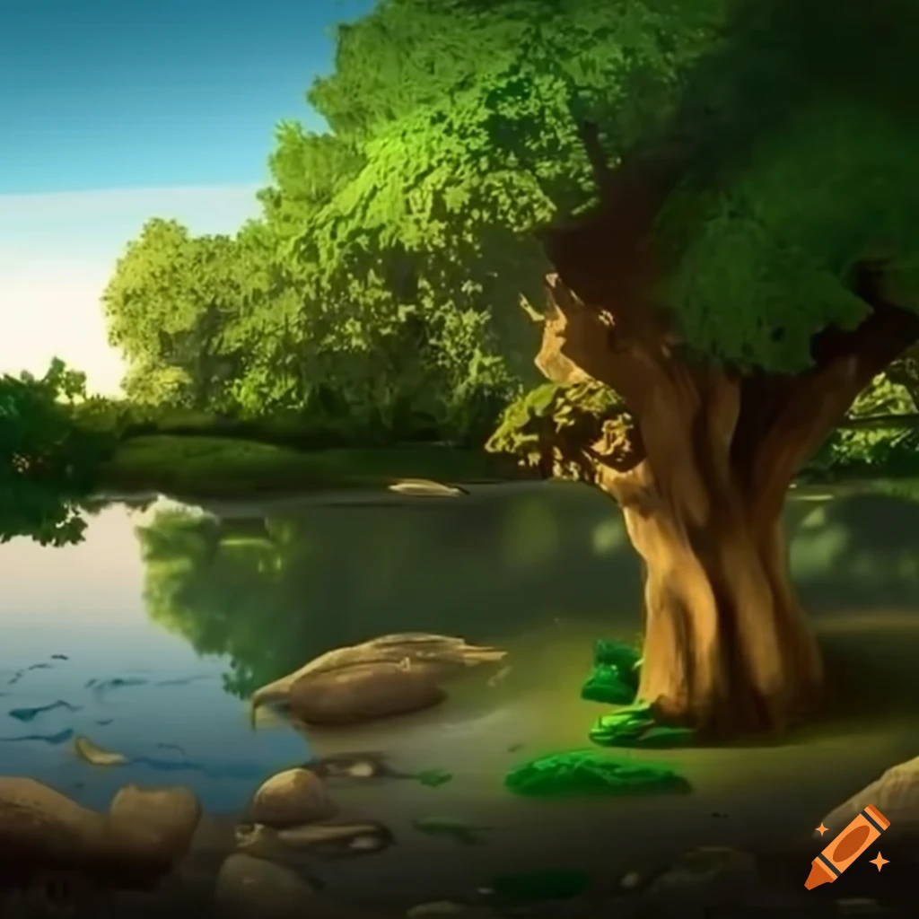 Oasis with river, ancient fig trees, and neolithic megalith stone structure