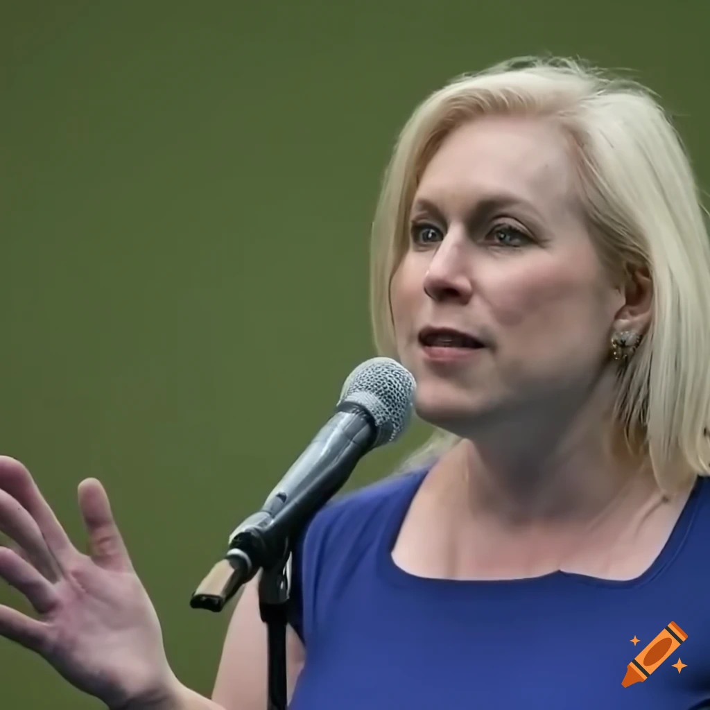 Kristen Gillibrand addressing audience with toned arms