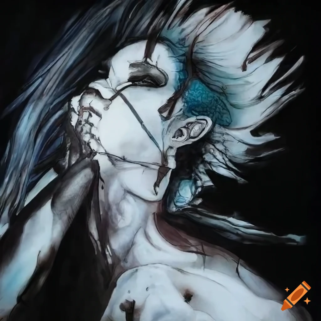Young male cyborg in a cutting-edge bodysuit with light cyan hair