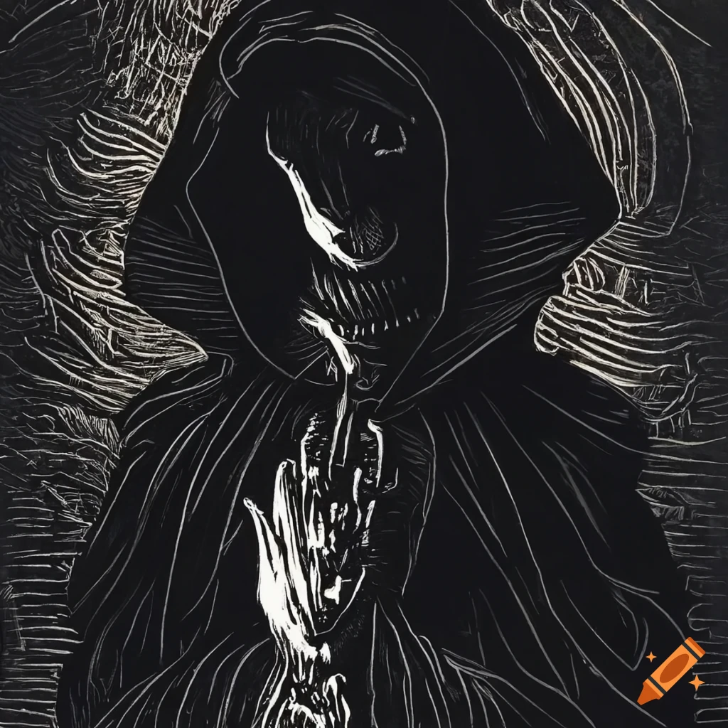 Eerie linocut etching of a hooded warlock casting spell