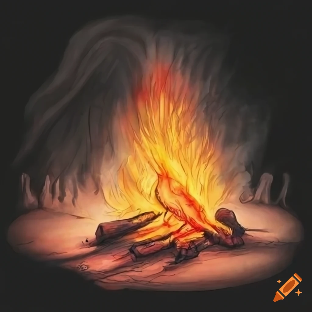 Bonfire with dancing shadows and silhouettes of witches in a pencil drawing