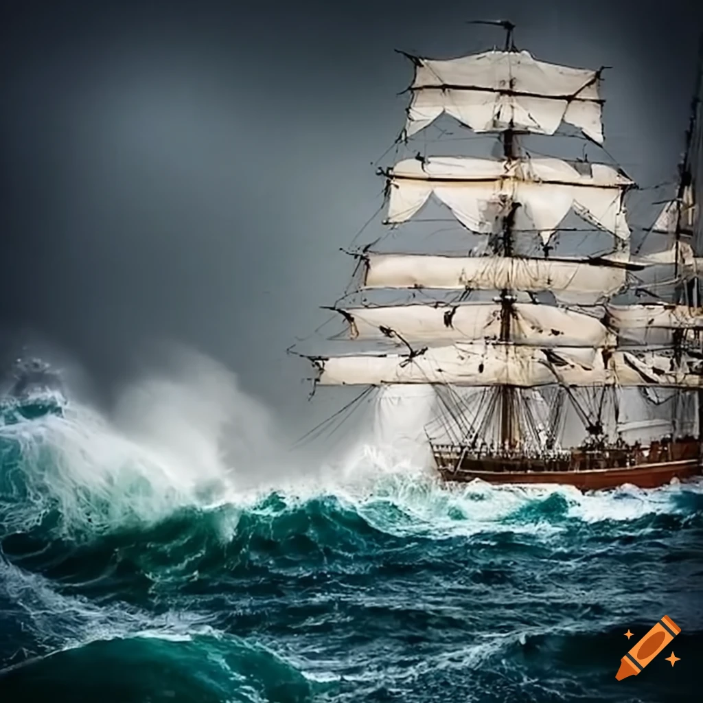 Tall ship in a violent storm with massive waves