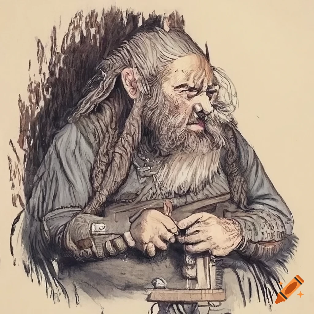 Vintage pen drawing of Balin the dwarf by Angus McBride
