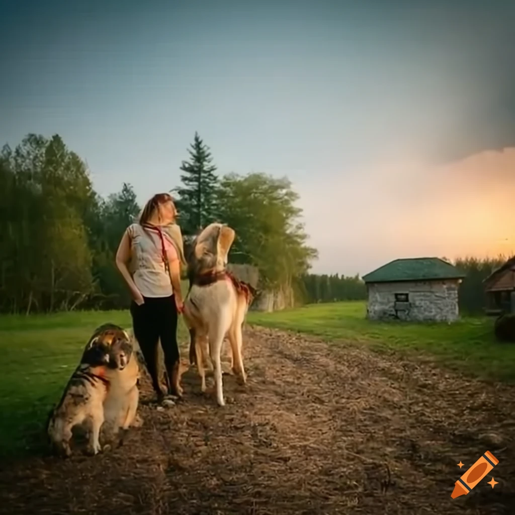 Peaceful village scene with Sasha, Lena, and dog Max gathering firewood