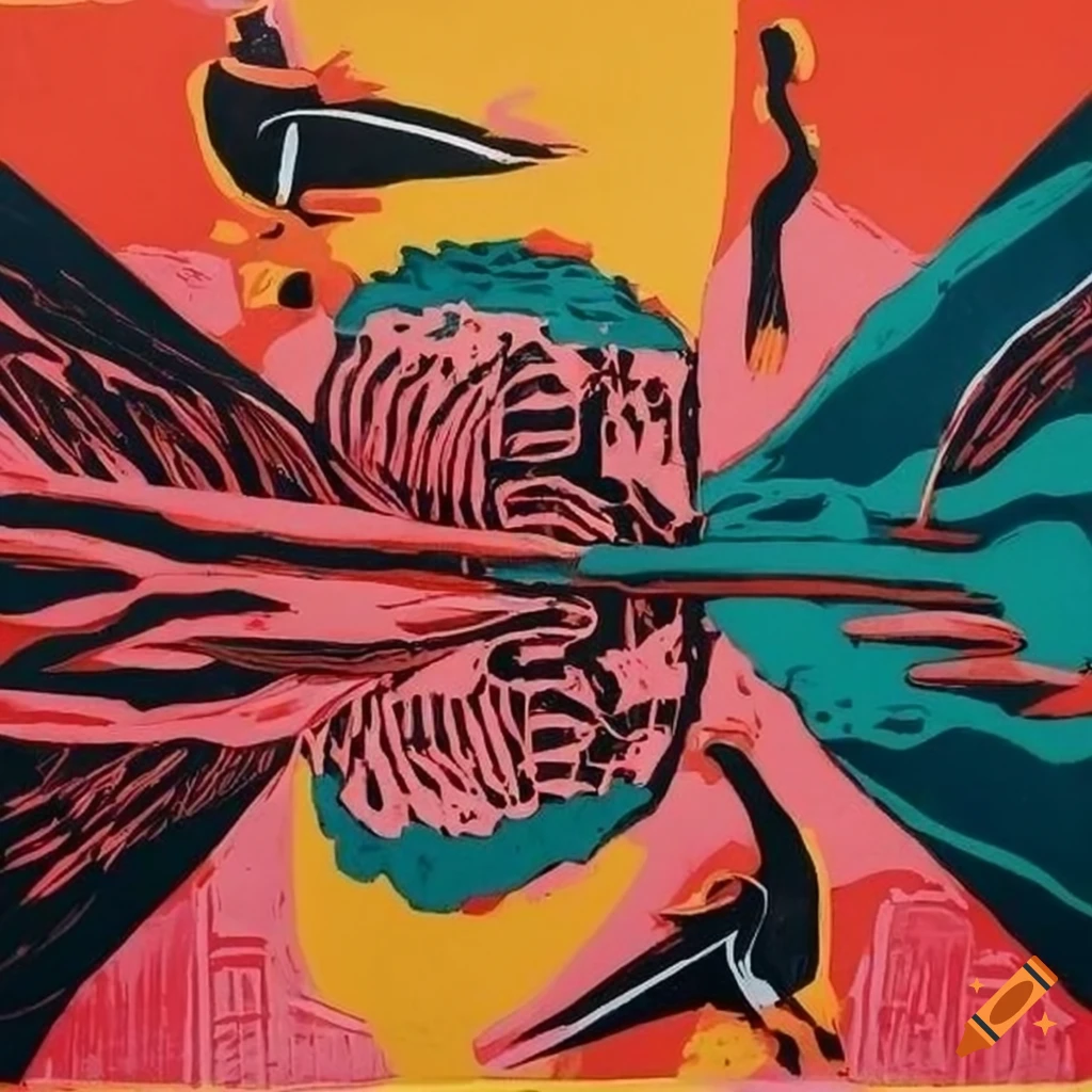 Vibrant lino cut print depicting a century's end