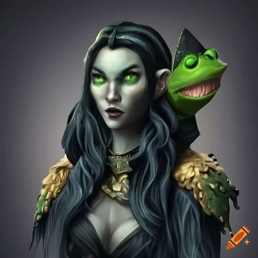 Female gray elf wizard with pet frog