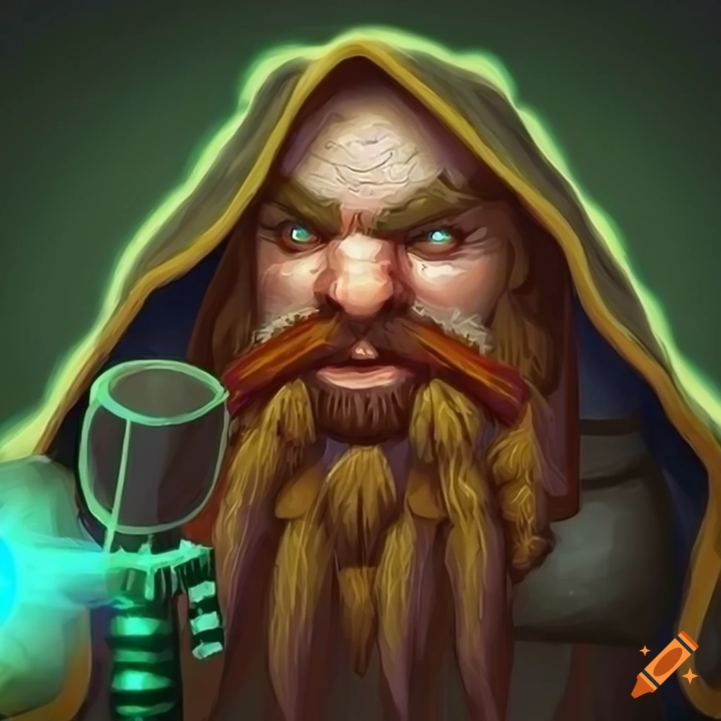 Fantasy dwarf hunter with green hood and glowing eyes