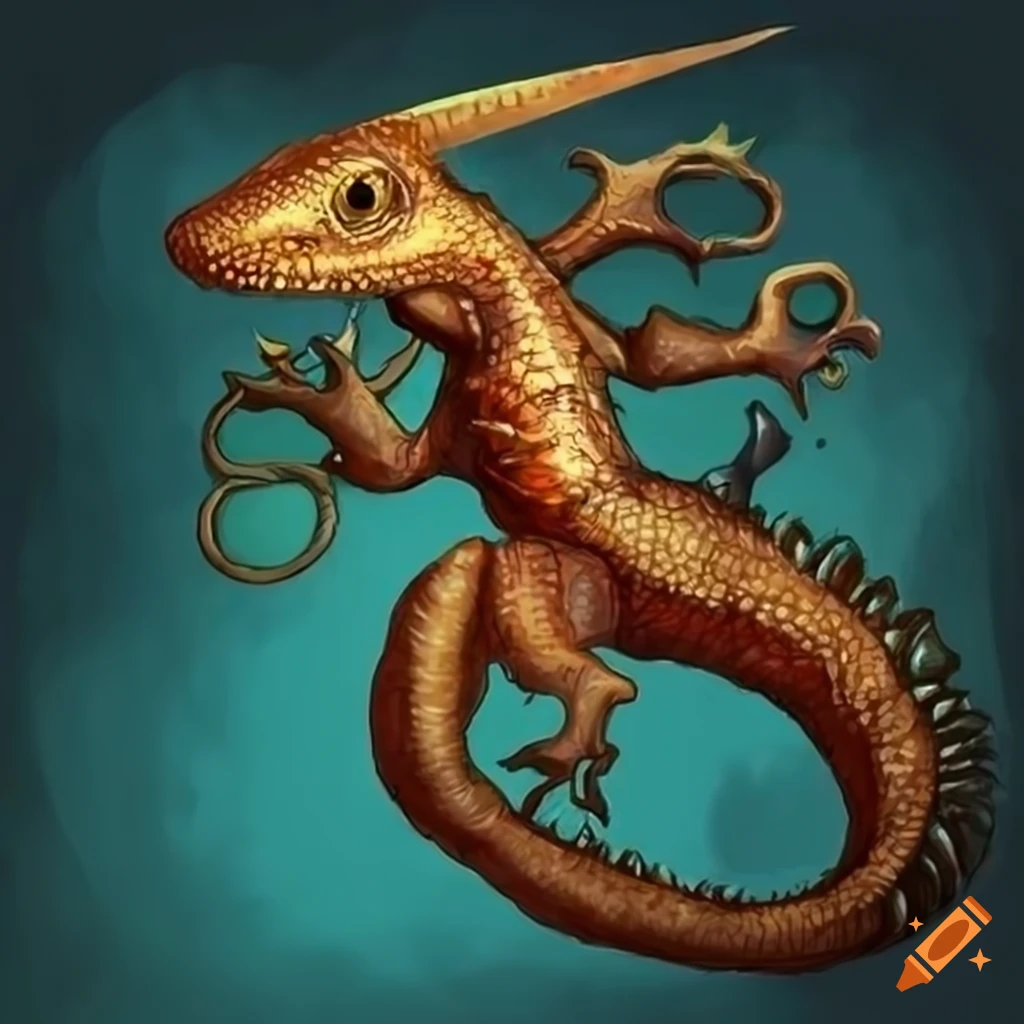 Lizard made of scissors in fantasy art style