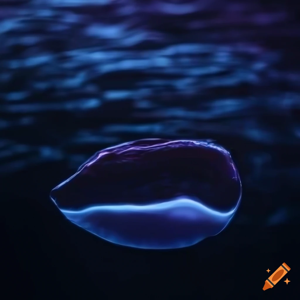 Neon minimalist rock reflecting in water in a dark room