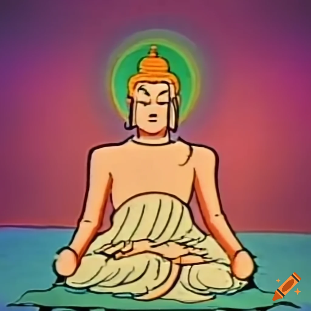 Buddha meditating in a 1960s Hanna-Barbera cartoon style