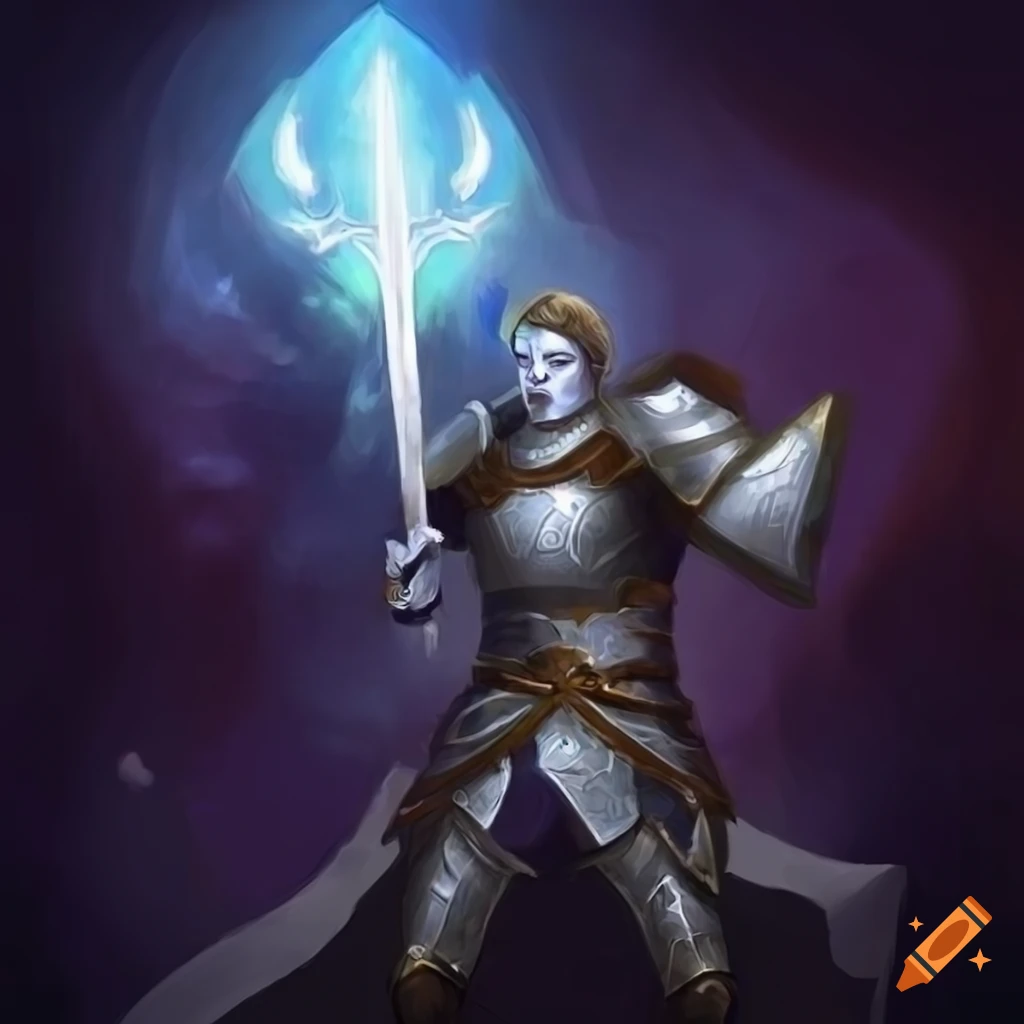Paladin raising a glowing sword to the sky in a fantasy art style on ...