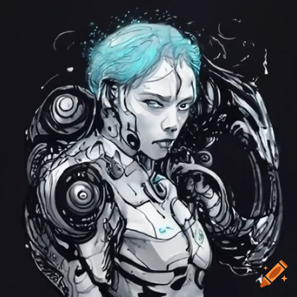 White black ink cyborg in cutting-edge bodysuit with light cyan hair