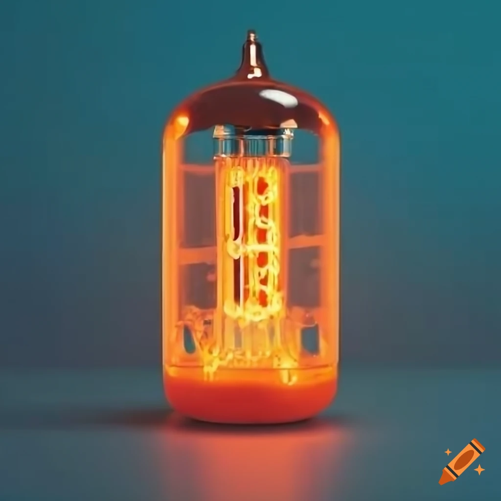 Vintage orange glowing tube amp on petrol blue background