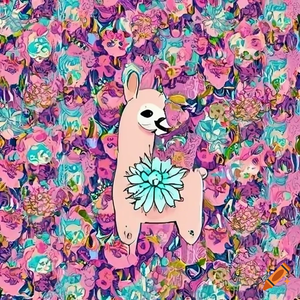 Cute illustration of floral patterns with a tiny Llama in the background