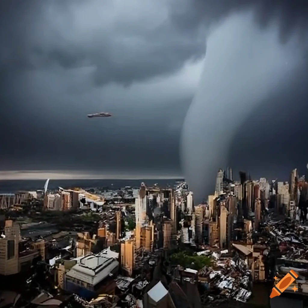 Tornado devastating a cityscape in Sydney, Australia