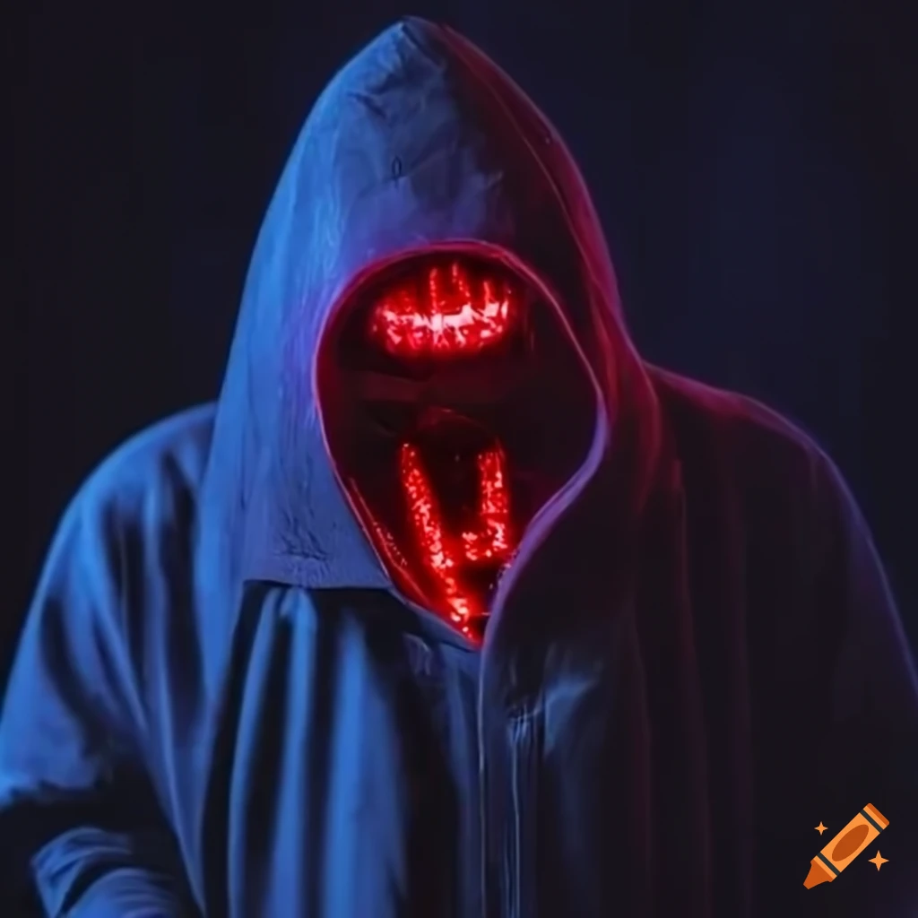 Cloaked character with glowing eyes and a robot face in a cyberpunk setting