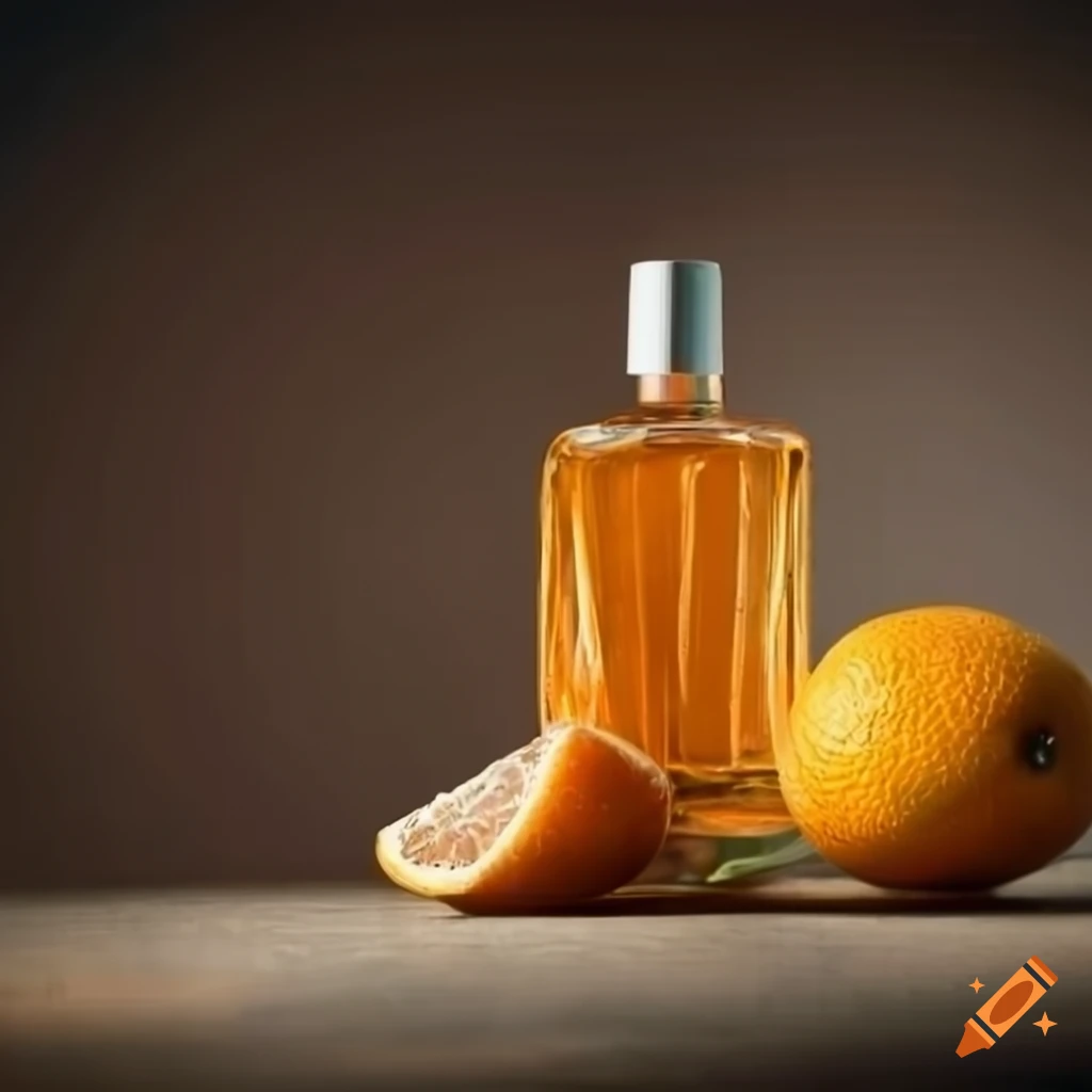 Bottle of citrus perfume on a wooden table