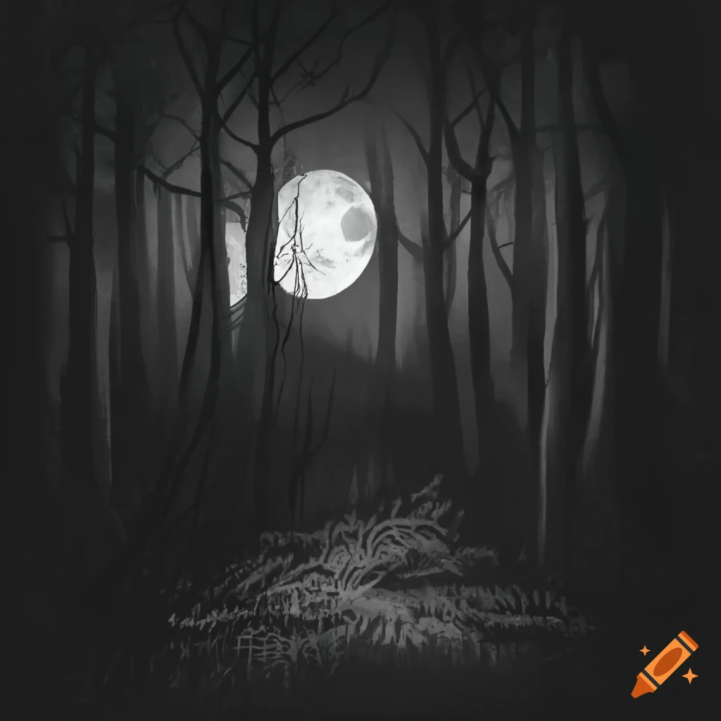Haunted forest glowing under moonlight on a dark night
