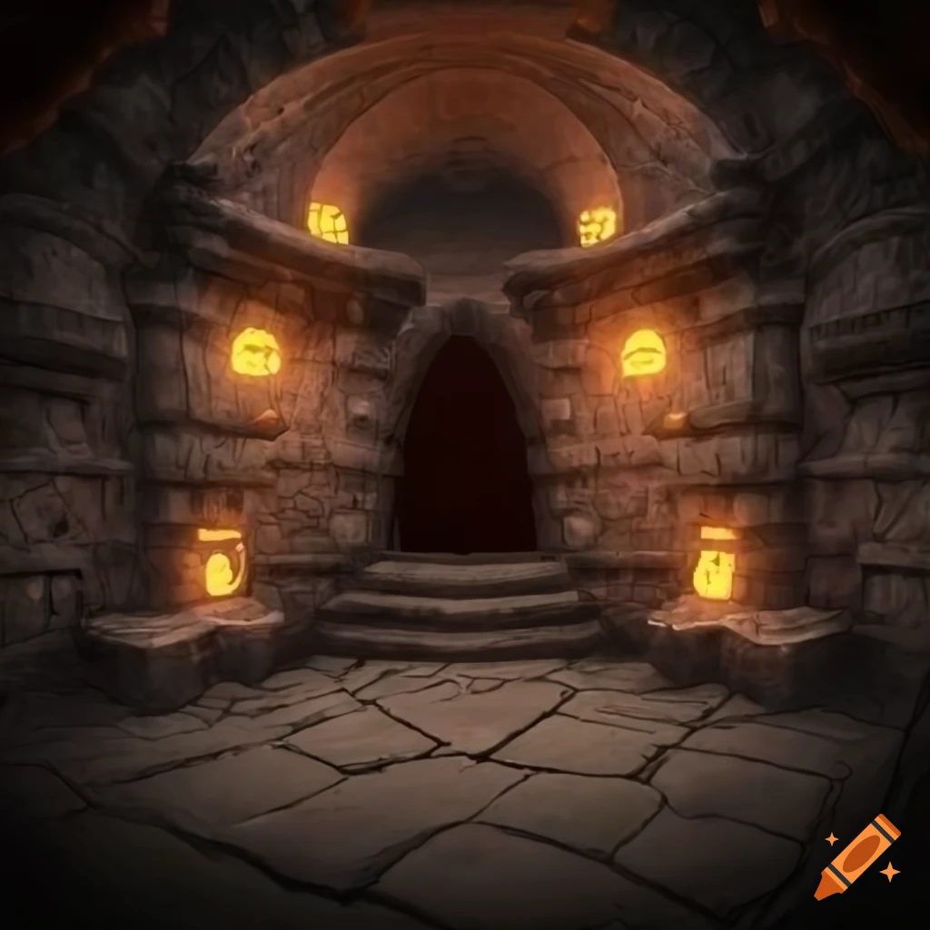 Fantasy underground chamber with six pedestals and wooden chests on Craiyon