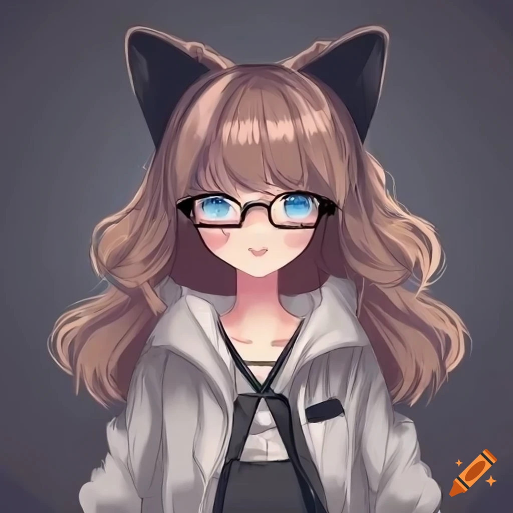 Cute anime cat girl with brown hair, blue eyes, black top, and glasses ...
